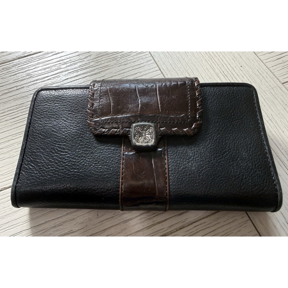 Vtg 90s Brighton Brown Black Croc Leather Wallet Silver Accent Flap snap ID slip